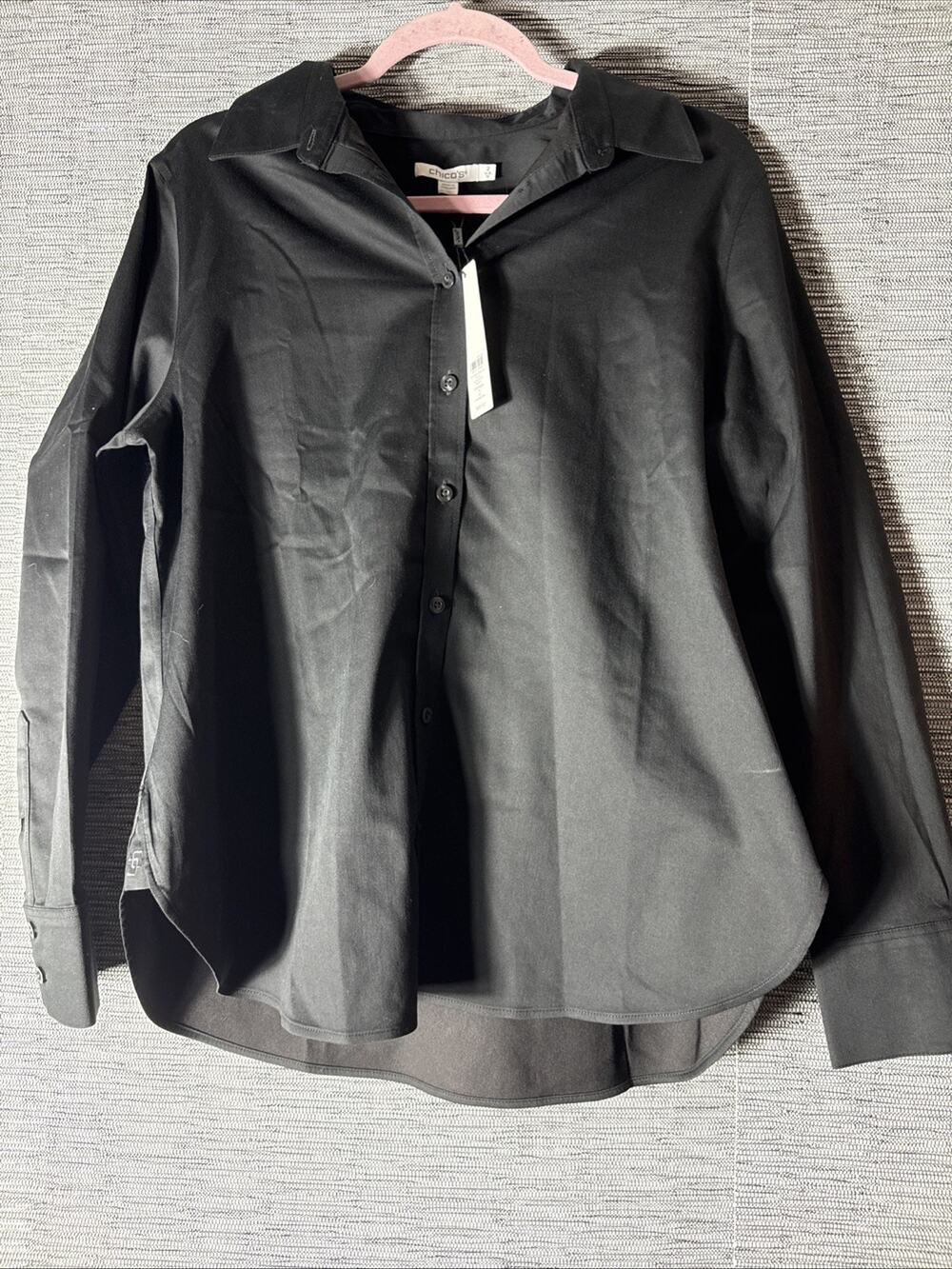 Chico’s No Iron Solid Button Down Stretch Shirt Top, Black, Size 2 (12)